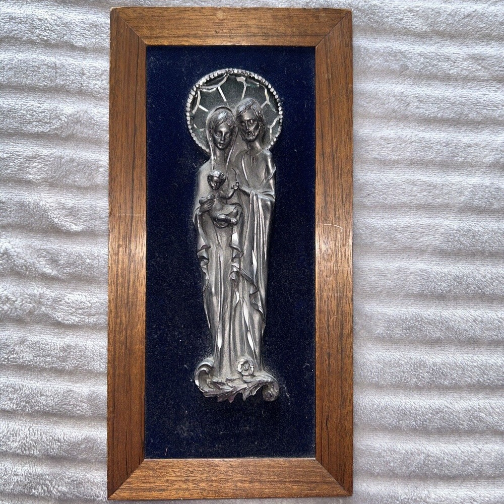 PELTRO CESELLATO A MANO HAND CHISELED PEWTER HOLY FAMILY PLAQUE ITALY WALL ART - Picture 3 of 4